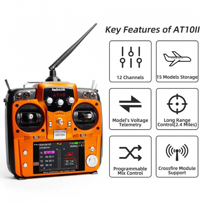 Radio AT10II, 2.4Ghz, 12 voies + R12DS + PRM-01 - RadioLink RDL-AT10II-SET