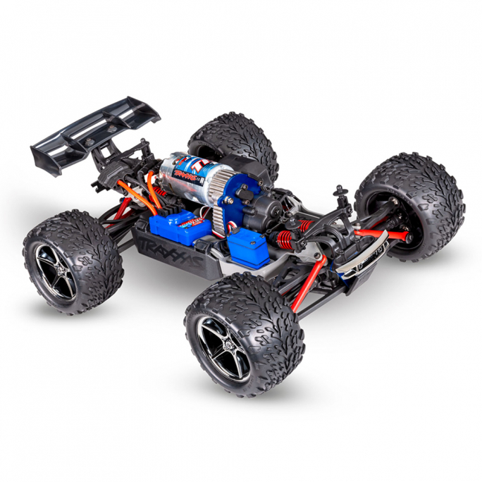 E-revo 4x4, Brushed, RTR avec Accu/chargeur, Bleu et rouge - TRAXXAS 71054-8-RBLU - 1/16