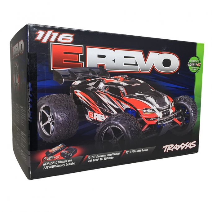 E-revo 4x4, Brushed, RTR avec Accu/chargeur, Bleu et rouge - TRAXXAS 71054-8-RBLU - 1/16