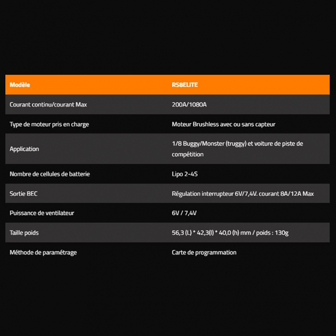 Controleur/Variateur RS8 Elite 200 Amp (2-4S) - Konect KNRS8ELITE - 1/8