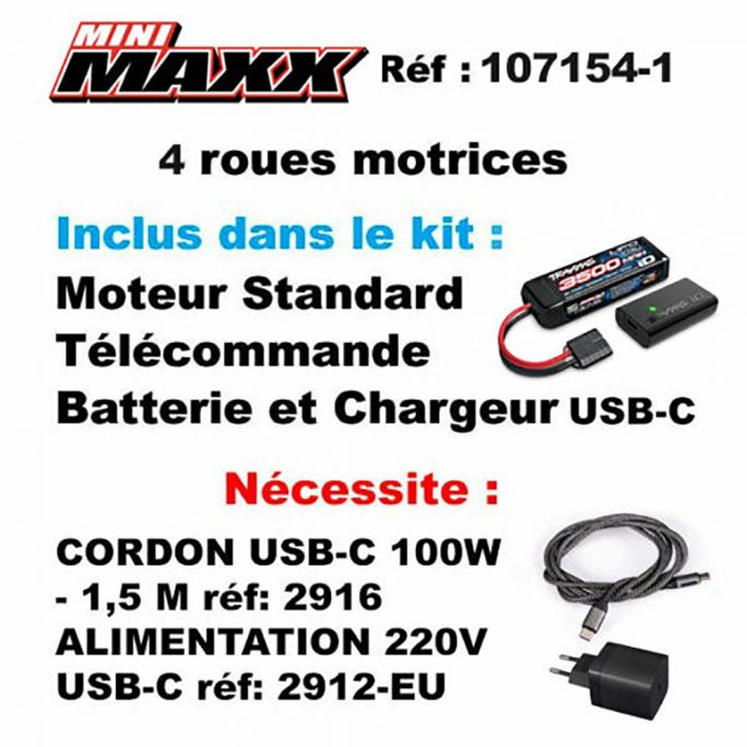 Mini MAXX BL-2S RTR (Accu/Chargeur USB), Noir - Traxxas 107154-1