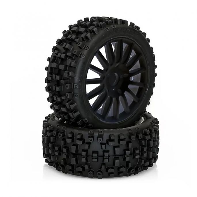 Roues Buggy, pneus 1/8 MAXI CROSS collés sur jantes noires a batons Hex.17mm - HOBBYTECH RACING HTR-T458B - 1/8